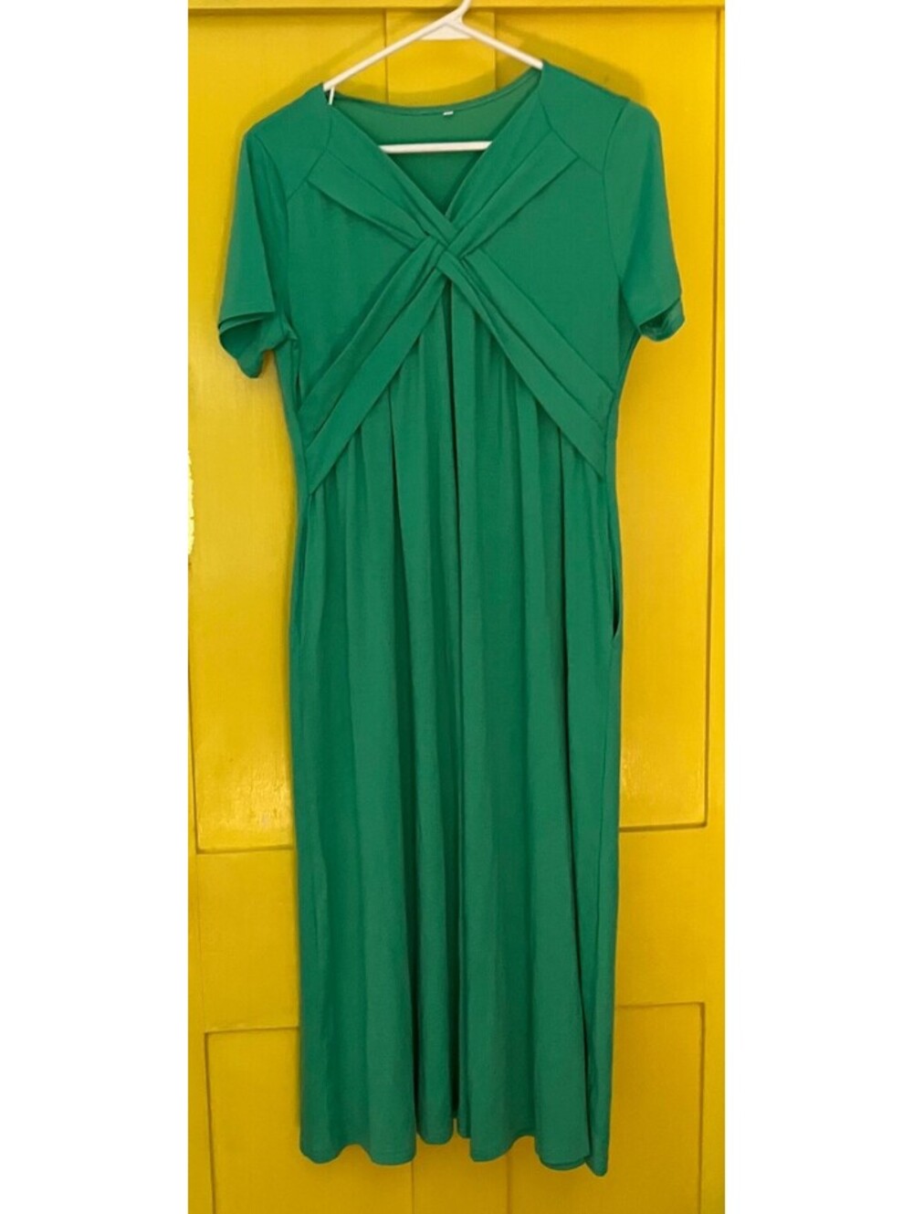 Green Twist Front Maxi Dress Pockets Womens M Short Sleeve Jersey Empire Waist